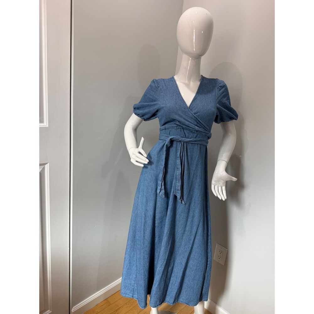 Old Navy Chambray Wrap Midi Dress Blue Puff Sleeve Tie Waist 100% Cotton size S - Picture 6 of 11